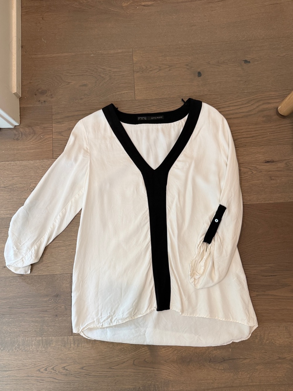 Zara White Blouse with Black V-Neck Trim